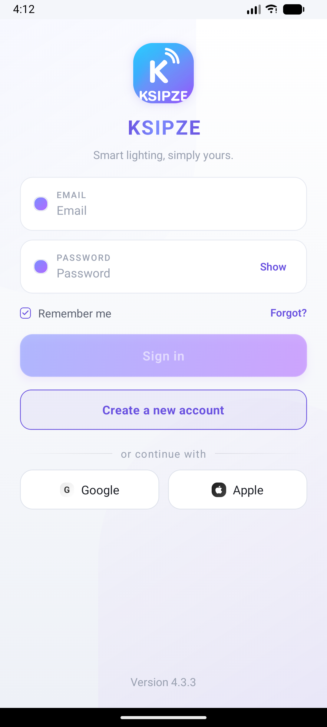 KSIPZE App sign-in screen with email and password fields