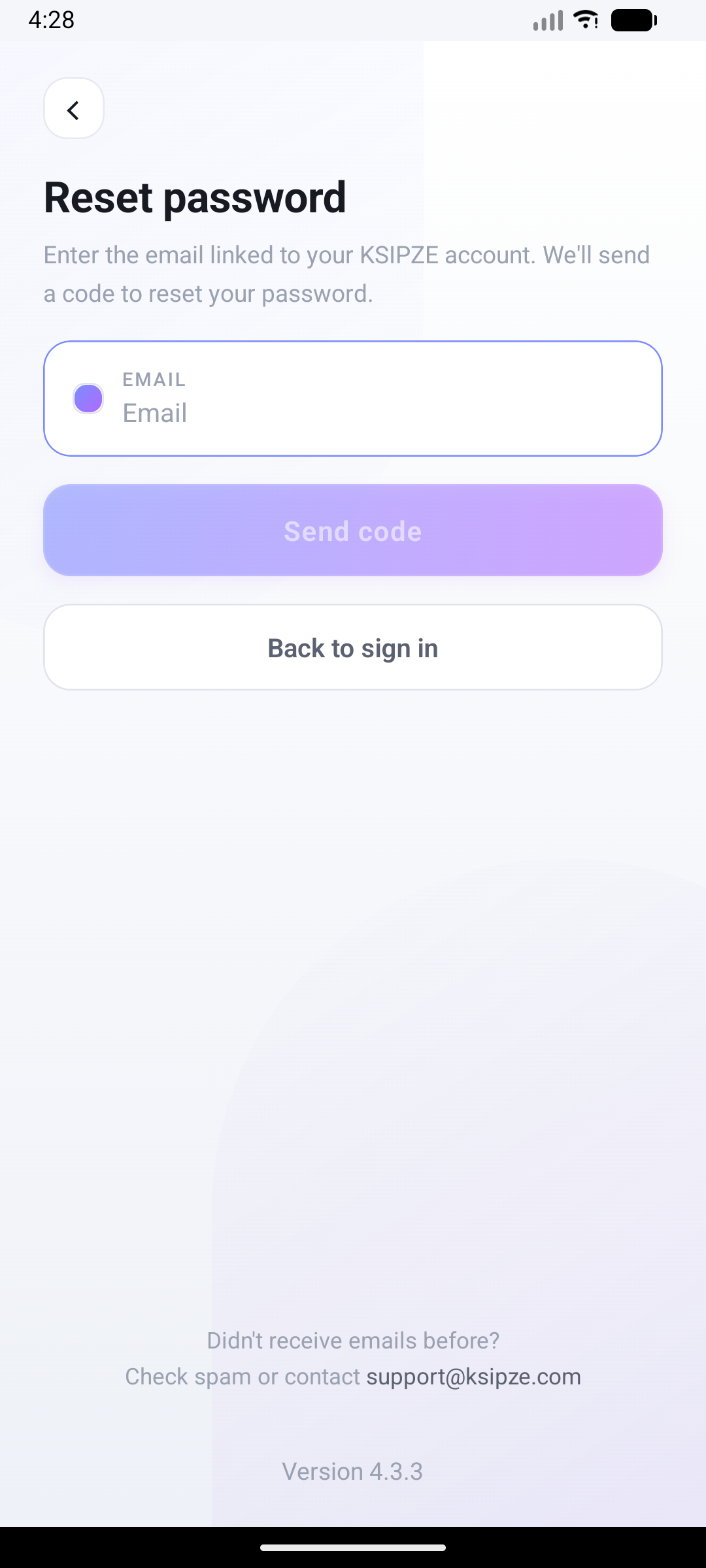 KSIPZE App password reset screen explaining that a reset code is sent by email