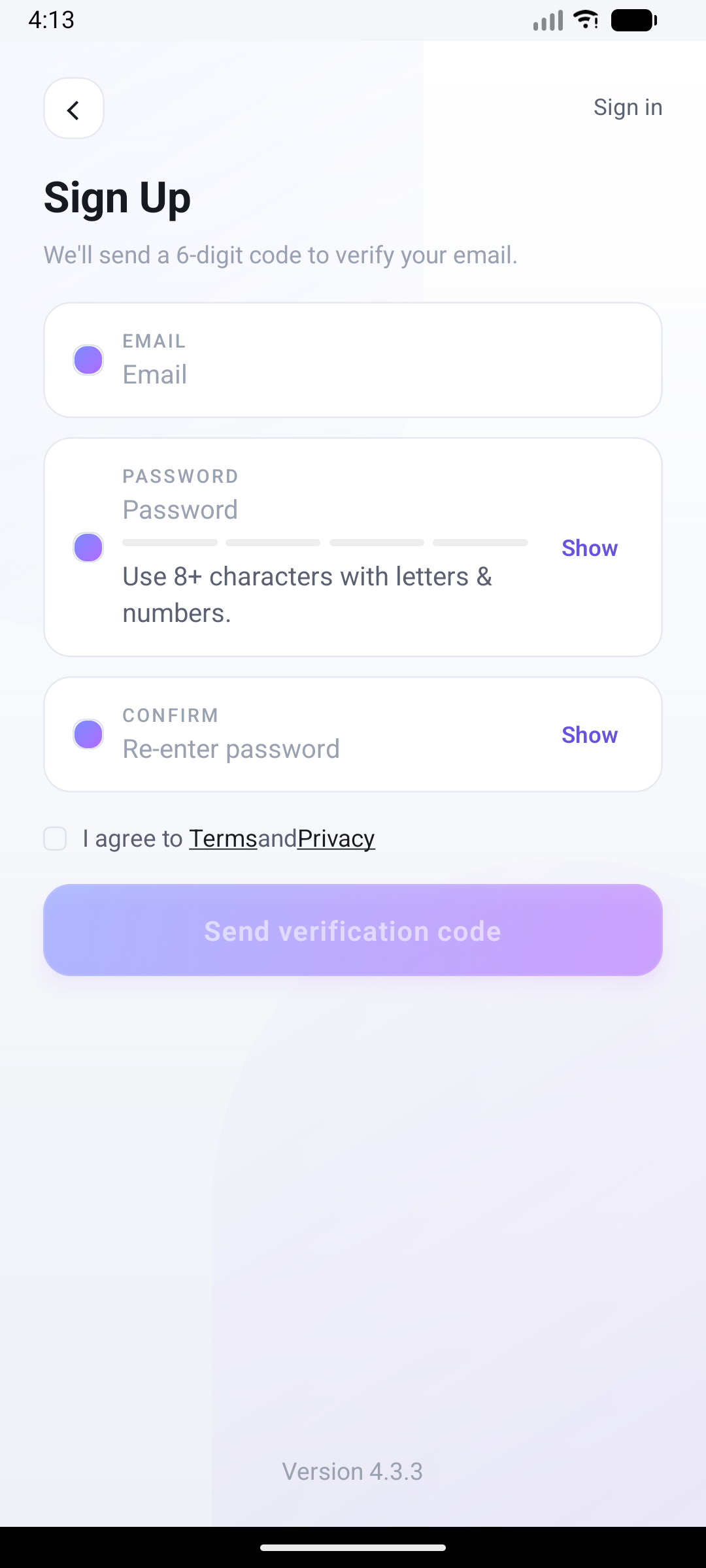 KSIPZE App registration screen explaining that a six-digit email verification code is sent